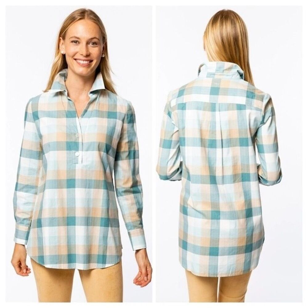 Tyler Boe Teri Helmsley Blue Plaid Tunic Top Cotton size Large
